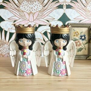 Pair of Handpainted Ceramic Angel Figurines with Gold Crowns READ NOTE Christmas